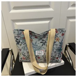 Close-up of floral canvas tote bag featuring retro blue and orange flower patterns