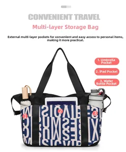 Detail of the multi-pocket storage design on the canvas tote for umbrella and iPad