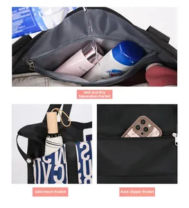 Detailed view showing wet-dry separation, side umbrella pocket, and back zipper security bag