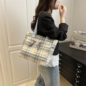 Women Casual Plaid Canvas Tote Bag Large Capacity Shoulder Bag Artistic School Handbag With Braided Tassel Daily Use Bag