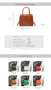 Detail view of crocodile pattern tote bag dimensions and various color options