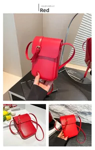 Detailed views of a stylish red mini crossbody phone bag with a sleek flap design