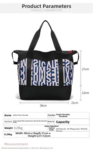 Waterproof oxford travel tote showing interior wet dry separation bag and dimensions
