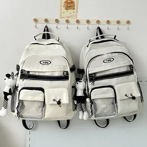 Zaino scolastico in tela Harajuku crema con ciondolo a forma di panda e tasca trasparente