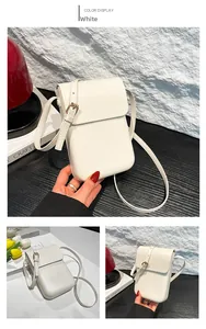 Vertical white PU leather mobile phone crossbody bag with metal buckle and flap cover