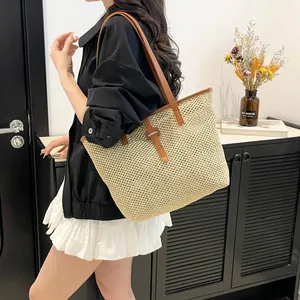 Borsa Tote in Paglia Intrecciata Casual da Donna Grande Capacità Borsa a Tracolla da Spiaggia con Cinturini in Pelle PU