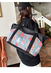 Detailed view of large capacity tote bag with bottom shoe compartment and bunny pattern