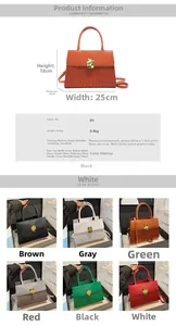 Detailed chart of crocodile pattern handbag showing dimensions and six color options