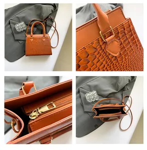 Detailed views of crocodile-patterned tote bag showing texture, zipper, and inner compartments
