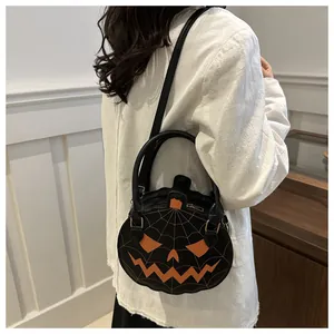 Back view of a model wearing the Jack-o'-lantern round crossbody bag for Halloween