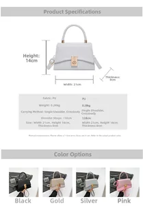 Detailed size and color chart for glitter PU mini handbag showing black and gold options
