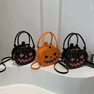 Halloween pumpkin round crossbody bags with spider web pattern and spooky expressions