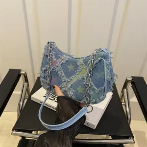 French style denim star pattern shoulder bag with silver chain and y2k aesthetic style