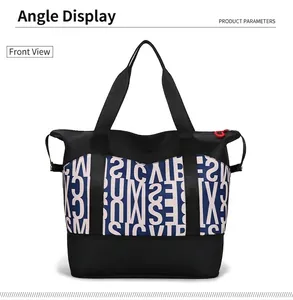 Front view of large capacity travel tote bag with blue letter print and black straps