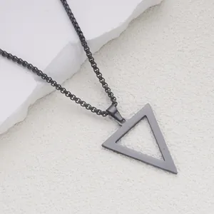 Matte black titanium triangle necklace with minimalist geometric pendant and round link chain