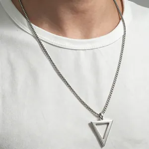 Men's titanium steel necklace with a minimalist hollow triangle geometric pendant