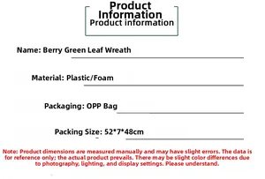 Detailed technical specification sheet for berry leaf wreath with material and size details