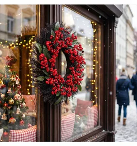 Christmas wreath with red berries and green leaves displayed in a festive window scene