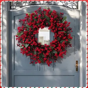Christmas Red Berry Wreath Artificial Green Leaves For Front Door Wall Holiday Party Decoration Festive Home Ornament