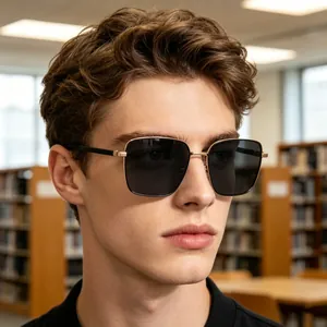 Modern rectangular polarized sunglasses for men with gold-accented frame in casual business style