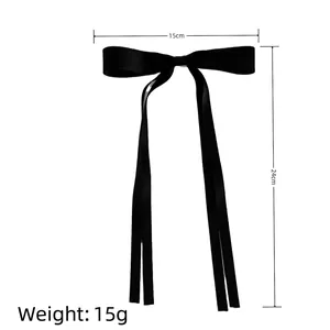 Classic black ribbon bow hair clip with long tails, 15cm width and 24cm total length