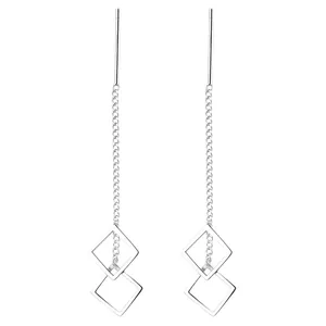Minimalist 925 sterling silver drop earrings with geometric hollow squares and long chains