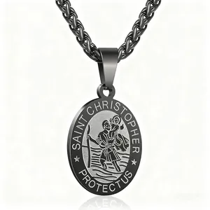 Close-up of black stainless steel Saint Christopher pendant with engraved details