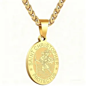 Detailed close-up of golden Saint Christopher religious medal with braided chain