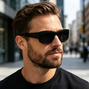 Fashionable black square sunglasses with thick frames and wide temples for men and women