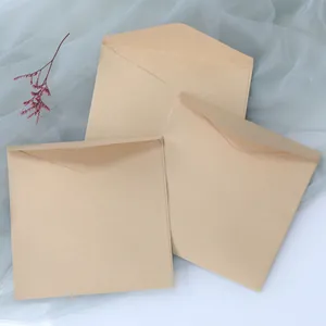 Three square kraft paper envelopes with triangular flaps on blue mesh fabric and dried flower