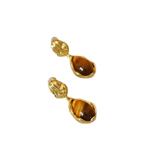 Boucles d'oreilles vintage en laiton doré avec pierres naturelles oeil de tigre