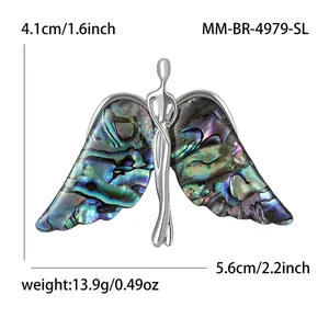 Elegant silver alloy angel wing brooch with colorful iridescent abalone shell inlay