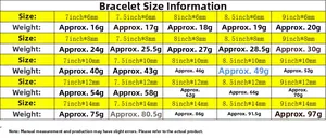 Größentabelle für Edelstahl-Panzerarmbänder mit Gewichtsangaben nach Breite und Länge