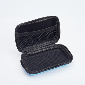 Portable sky blue EVA hardshell storage case with zipper and mesh pocket for earphones