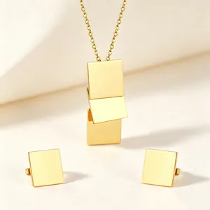 Geometric Square Pendant Necklace And Stud Earrings Stainless Steel Polished Layered Minimalist Jewelry For Women Modern