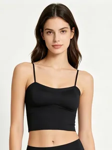 Front view of seamless black camisole with thin straps and smooth elastic fabric