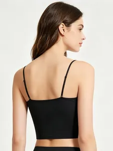 Detail of black seamless sports bra with adjustable spaghetti straps on back view