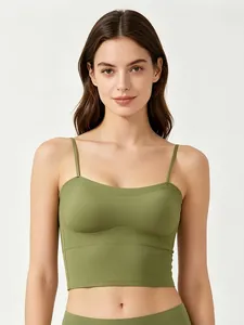 Close-up of army green seamless tank top with thin shoulder straps and matte finish