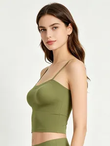Side view of olive green seamless sports bra with thin straps and ribbed texture