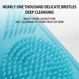 Detailed close-up of blue silicone back scrubber with dense bristles for deep cleaning