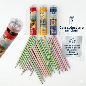 Close-up of 24-color macaron pencils in tin canisters with built-in sharpener lid