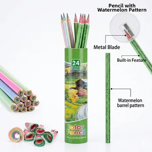 Macro detail of rainbow pencils with creative watermelon-effect paper shavings