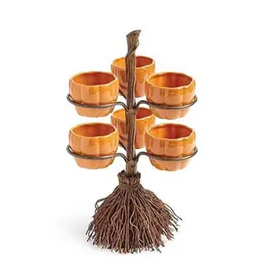 Halloween snack bowl stand with vintage broomstick base and six pumpkin shaped resin bowls