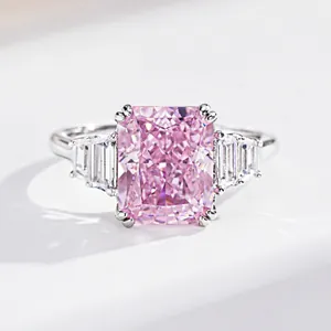 Classic S925 sterling silver ring featuring a 4-carat radiant cut pink gemstone with side stones