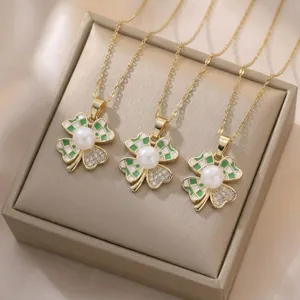 Stainless Steel Clover Pendant Necklace With Enamel Checkerboard Pattern Zircon And Artificial Pearl