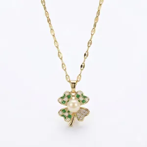 Elegant gold titanium steel clover necklace with checkered enamel and pearl inlay