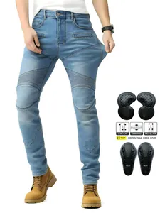 Motorcycle Riding Jeans Men Slim Fit Biker Denim Pants With Removable CE Protective Armor Ribbed Stretch Panels Blue Black