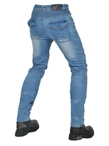 Slim fit motorcycle racing jeans in light blue denim with CE armor and pleated knees