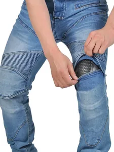 Slim fit motorcycle riding jeans in washed blue with CE protectors and stretch panels