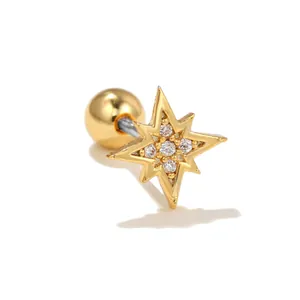 Golden octagonal star stud earring in stainless steel with sparkling cubic zirconia inlay